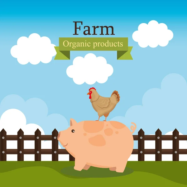 Farm scene organic products label — Stock Vector