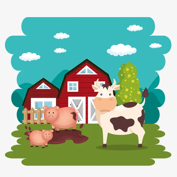 Animales en la escena de la granja — Vector de stock