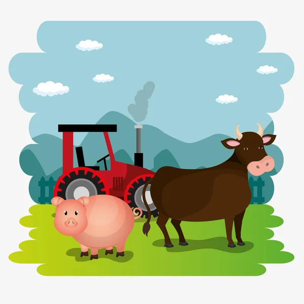 Cerdos en la escena de granja — Vector de stock