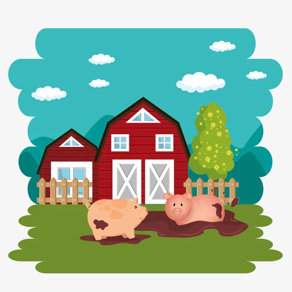 Porcos na cena da fazenda — Vetor de Stock