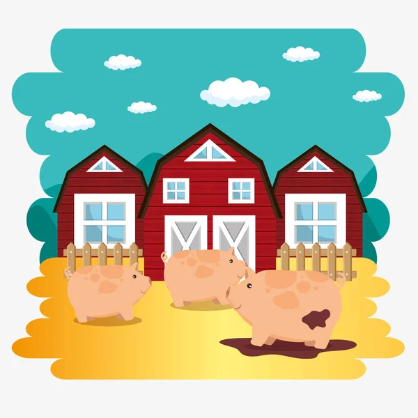 Porcos na cena da fazenda — Vetor de Stock