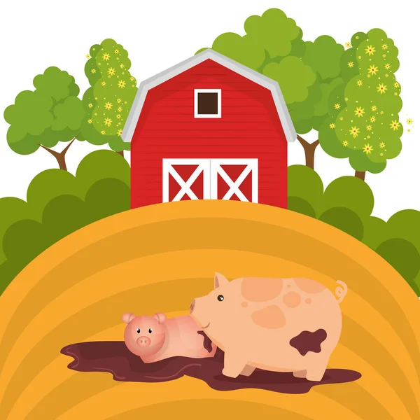 Pigs in the farm scene — Stock Vector