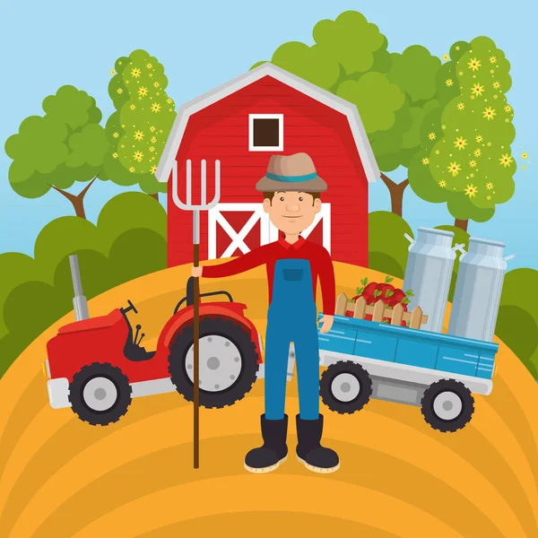 Agricultor en la escena de la granja — Vector de stock