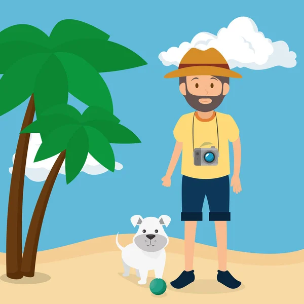 Youn hombre con perro en la playa — Archivo Imágenes Vectoriales