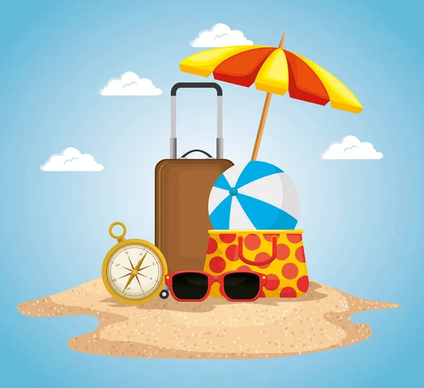 Playa con iconos de vacaciones de verano — Vector de stock