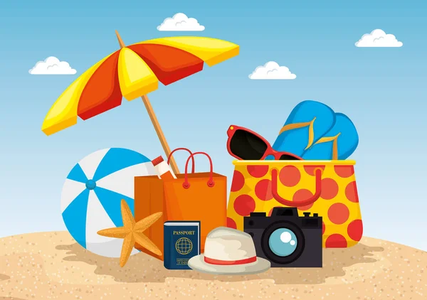 Strand met zomer vakantie pictogrammen — Stockvector