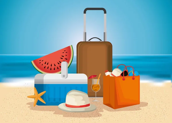 Playa con iconos de vacaciones de verano — Vector de stock