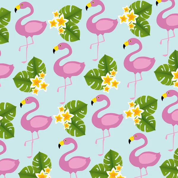 Exotic flamingos birds and flowers pattern — Stock Vector