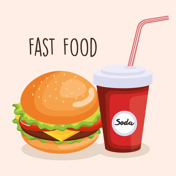 Delicioso hambúrguer grande e refrigerante — Vetor de Stock