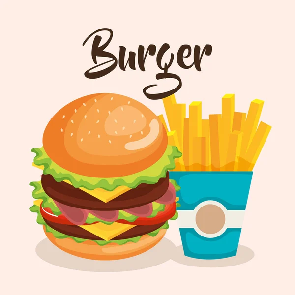 Delicious big burger and french fries — Stock Vector