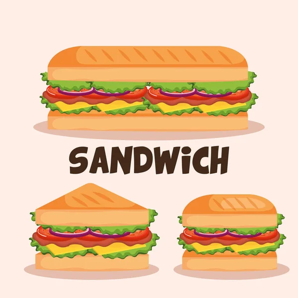 Délicieux sandwich fast food ensemble icônes — Image vectorielle