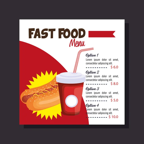 Délicieuse carte de menu restaurant fast-food hot dog — Image vectorielle