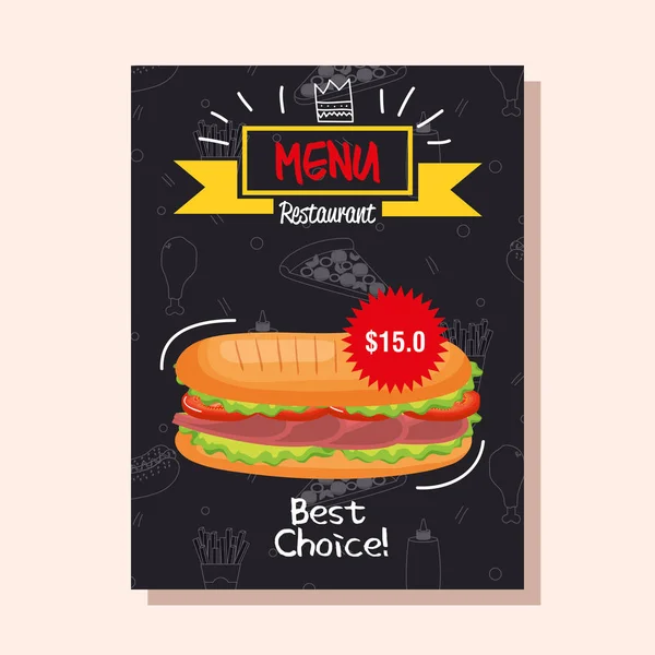 Deliciosa tarjeta de menú de restaurante de comida rápida sándwich — Vector de stock