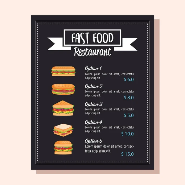 Deliciosa tarjeta de menú de restaurante de comida rápida — Vector de stock