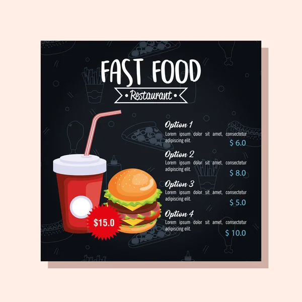 Deliciosa tarjeta de menú de comida rápida hamburguesa grande — Vector de stock