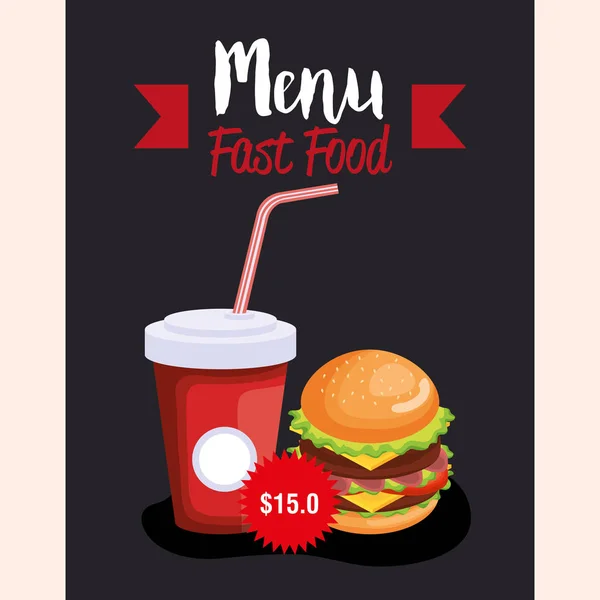 Deliciosa tarjeta de menú de comida rápida hamburguesa grande — Vector de stock