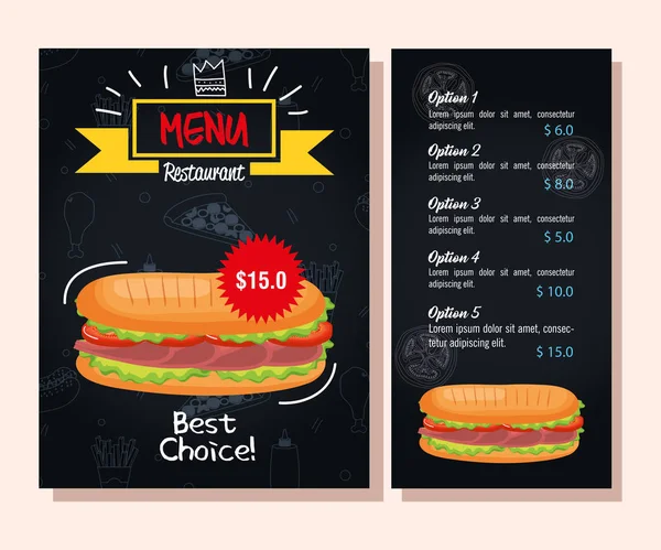 Leckeres Sandwich Fast Food Restaurant Speisekarte — Stockvektor