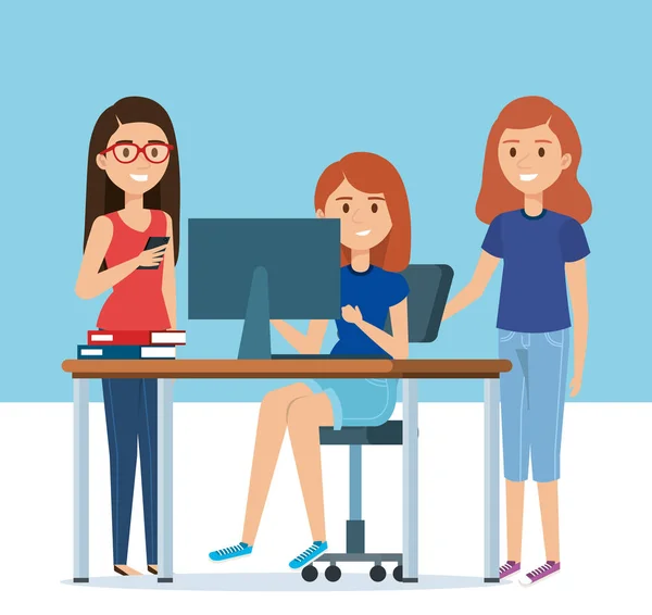Jeunes filles sur le lieu de travail avatars personnages — Image vectorielle