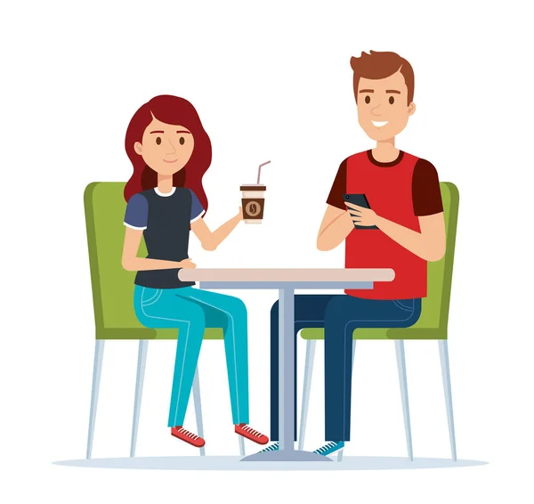 Pareja joven en el restaurante avatares personajes — Vector de stock