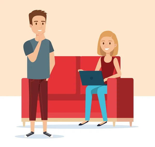 Young couple in the sofa avatars characters — Stock Vector