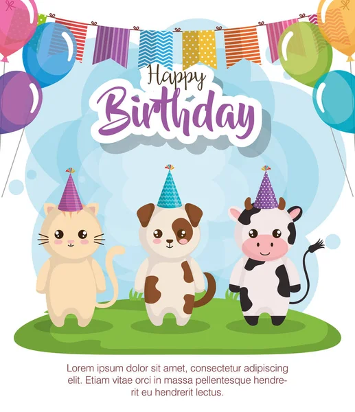 Tarjeta de feliz cumpleaños con grupo de animales — Vector de stock