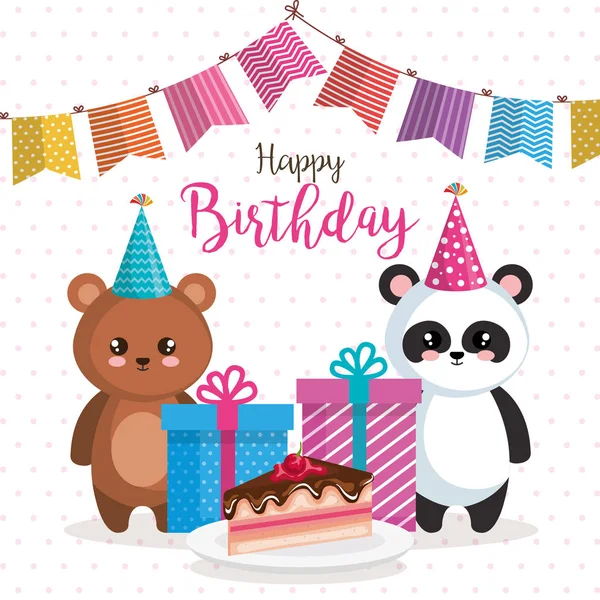 Feliz cumpleaños con oso panda y peluche — Archivo Imágenes Vectoriales