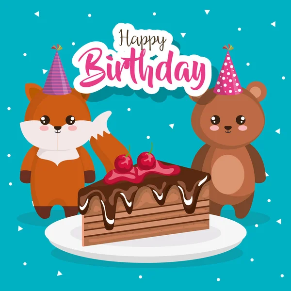 Tarjeta de cumpleaños feliz con zorro y oso — Vector de stock