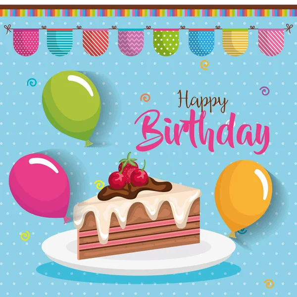 Portion gâteau d'anniversaire heureux avec des ballons air — Image vectorielle