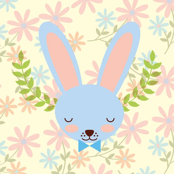 Bleu lapin visage fleurs décoration — Image vectorielle