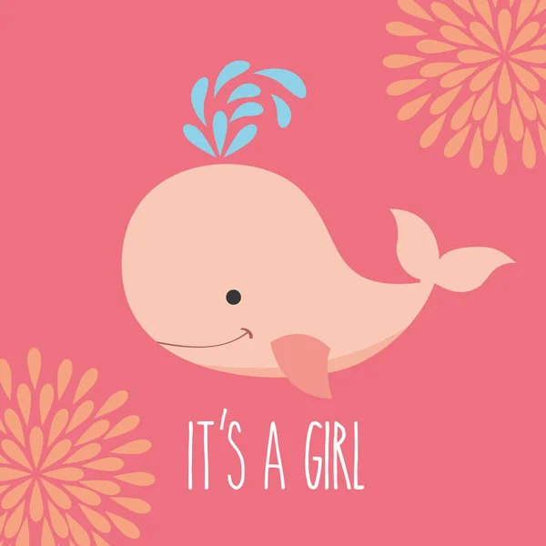 Ballena rosa es una chica flores tarjeta de felicitación — Vector de stock