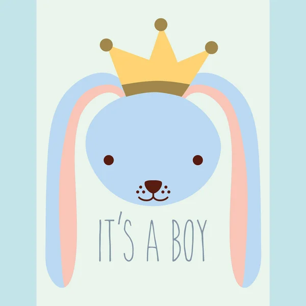 Cute blue rabbit head wearing crown baby shower card — Stock Vector