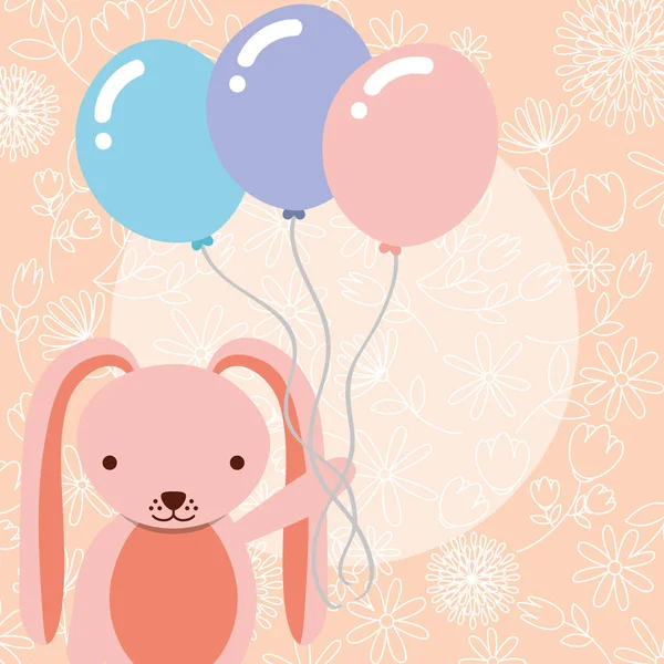 Милий рожевий кролик тримає вечірку з повітряними кулями — стоковий вектор