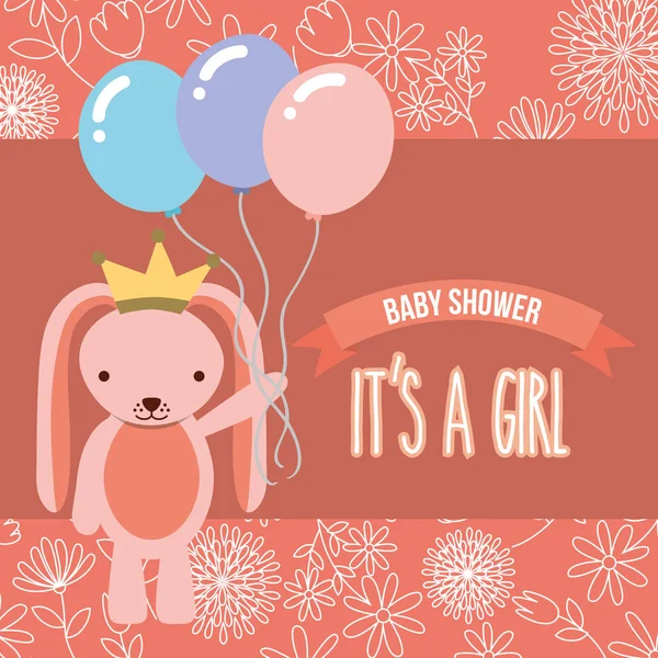 Pink rabbit with balloons baby shower its a girl — Stock Vector