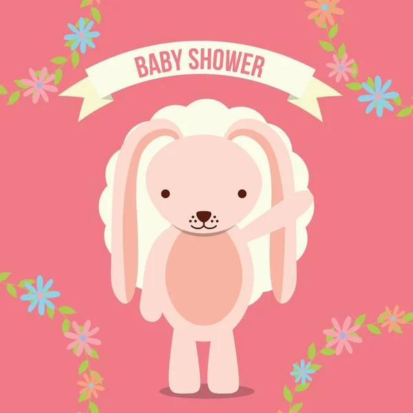 Baby shower invitation card pink rabbit floral decoration — Stockvector