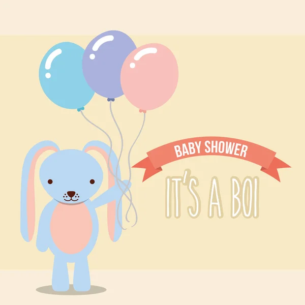 Blue rabbit holding balloons baby shower boy card — Stock Vector