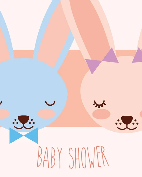 Cute faces blue and pink rabbits baby shower card — Stock Vector