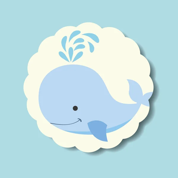 Roztomilý modrá velryba stříkající vody popisek — Stockový vektor