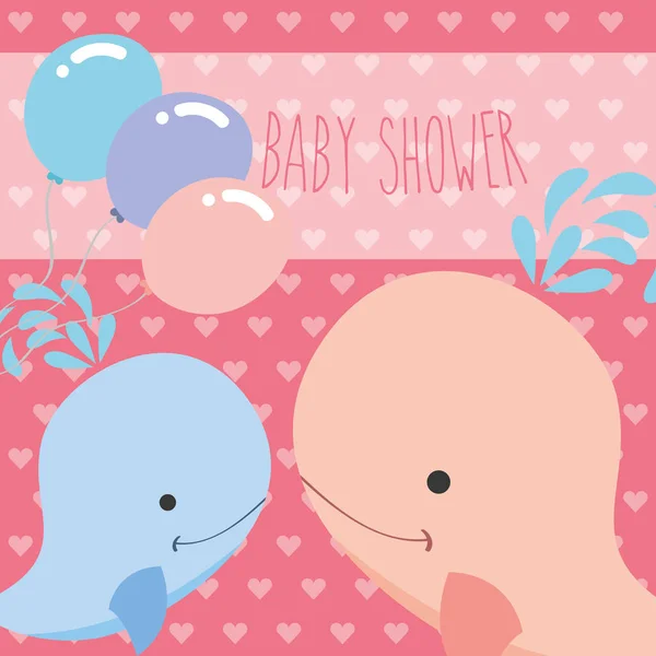 Beautiful blue and pink whale balloons baby shower card — Stockvector