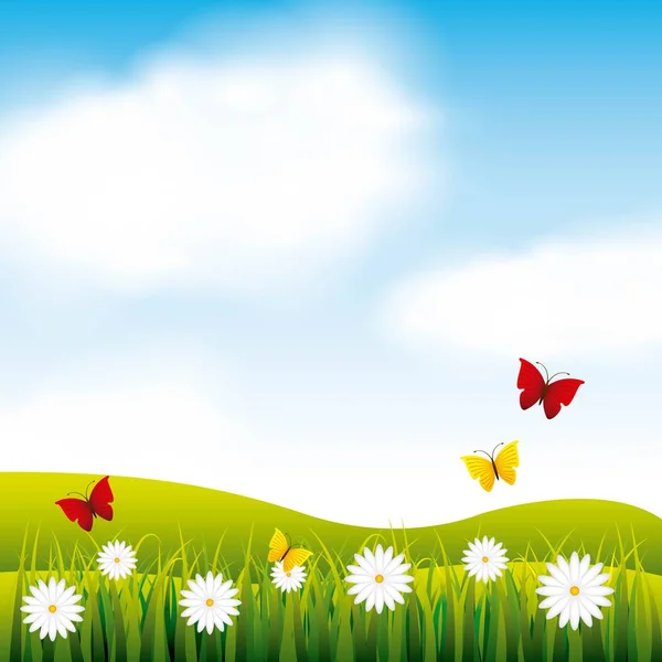 Fleurs Jardin Papillons Vecteur Illustration Design — Image vectorielle