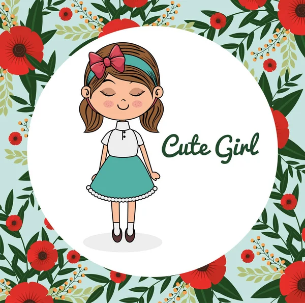 Personnage de fille mignon avec cadre floral — Image vectorielle