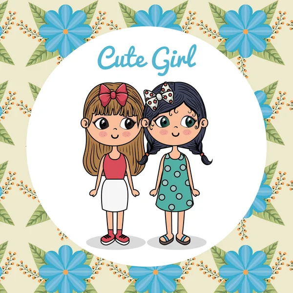 Filles mignonnes personnages couple avec cadre floral — Image vectorielle