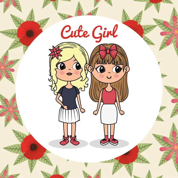 Meninas bonitos casal personagens com moldura floral — Vetor de Stock