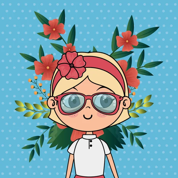 Χαριτωμένο κορίτσι χαρακτήρα με floral διακόσμηση — Διανυσματικό Αρχείο