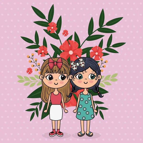 Cute girls couple characters with floral decoration — Stock Vector