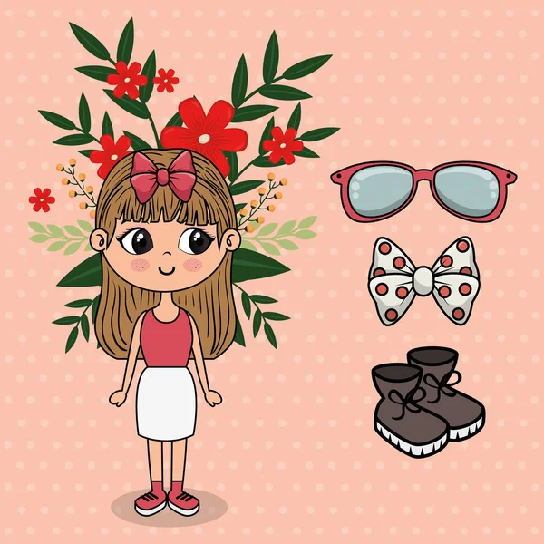 Personagem bonito menina com decoração floral e acessórios — Vetor de Stock