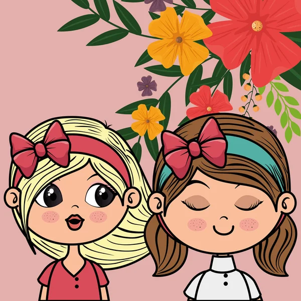 Meninas bonitos casal personagens com decoração floral — Vetor de Stock