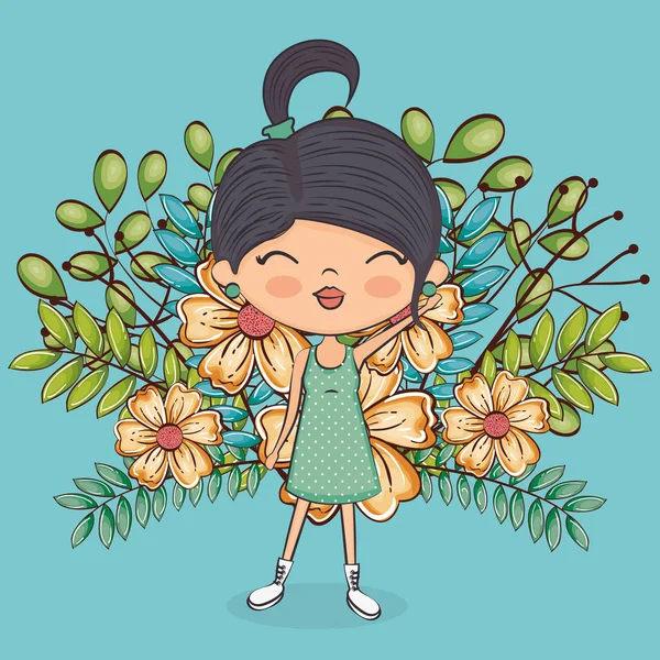 Cute girl character with floral decoration — Stock Vector