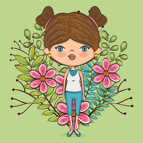 Söt flicka karaktär med blomdekor — Stock vektor