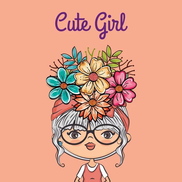 Симпатичная девушка характер с цветочным декором — стоковый вектор
