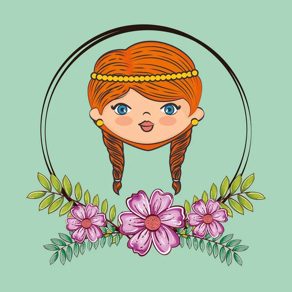 Sevimli kız baş karakteri ile çerçeve çiçek — Stok Vektör